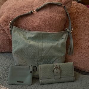 Y2K vintage jacquard Tiffany blue coach hobo purse with matching wallet,keycase